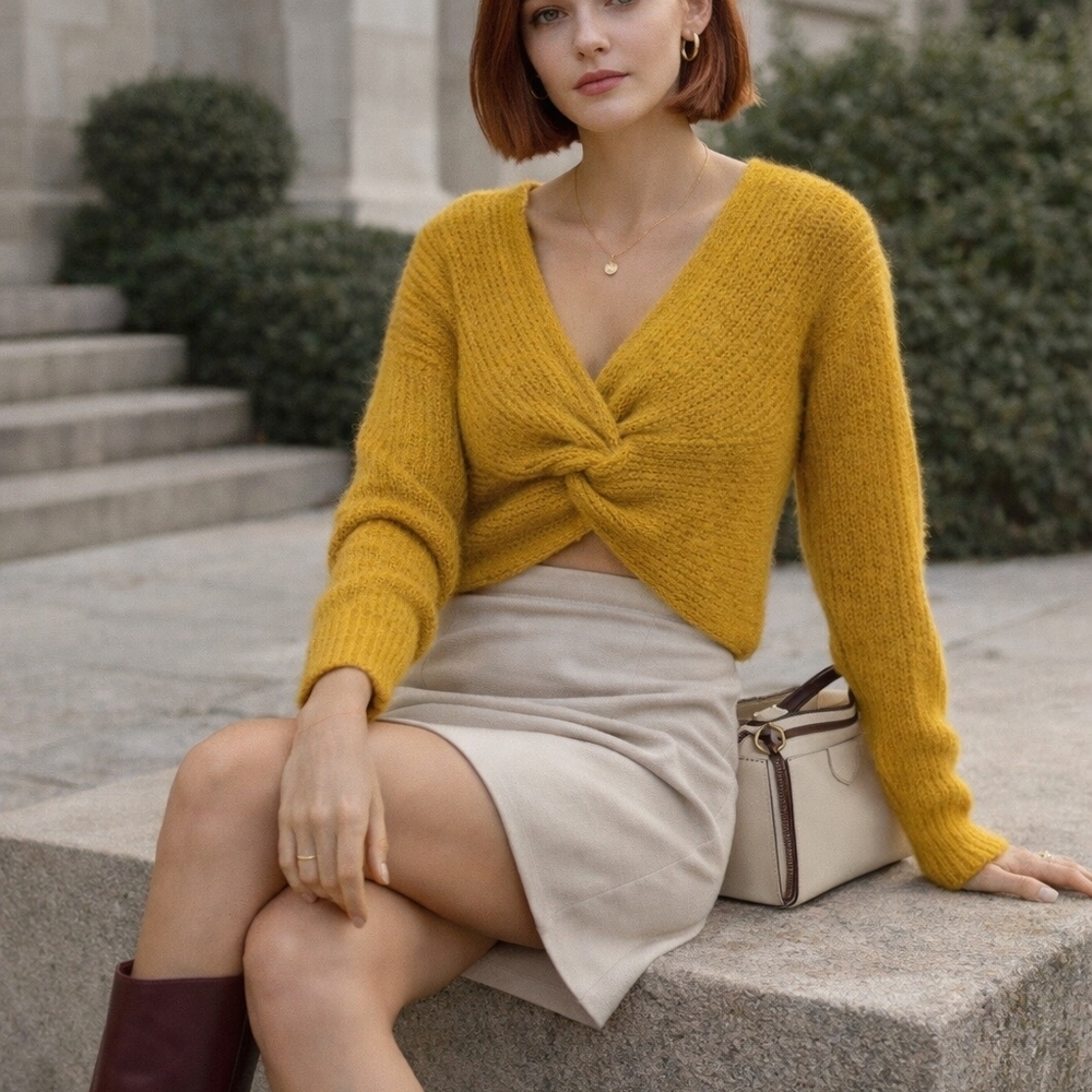Mustard Knit Cropped Sweter Twist Front Preppy Soft Girl Cozy Fall